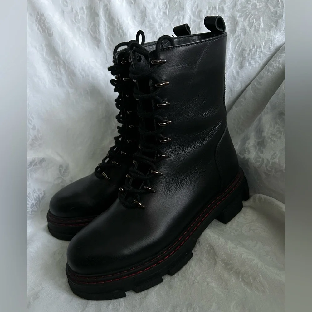 Kurt Kieger Black Leather Combat Boot with Red Stitching - Women
